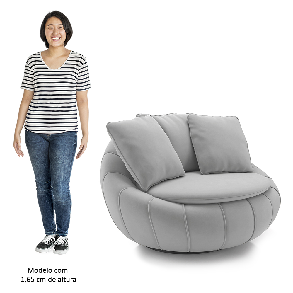Poltrona Decorativa Redonda Giratória com Almofadas Saphire M22 Veludo Cinza - Mpozenato