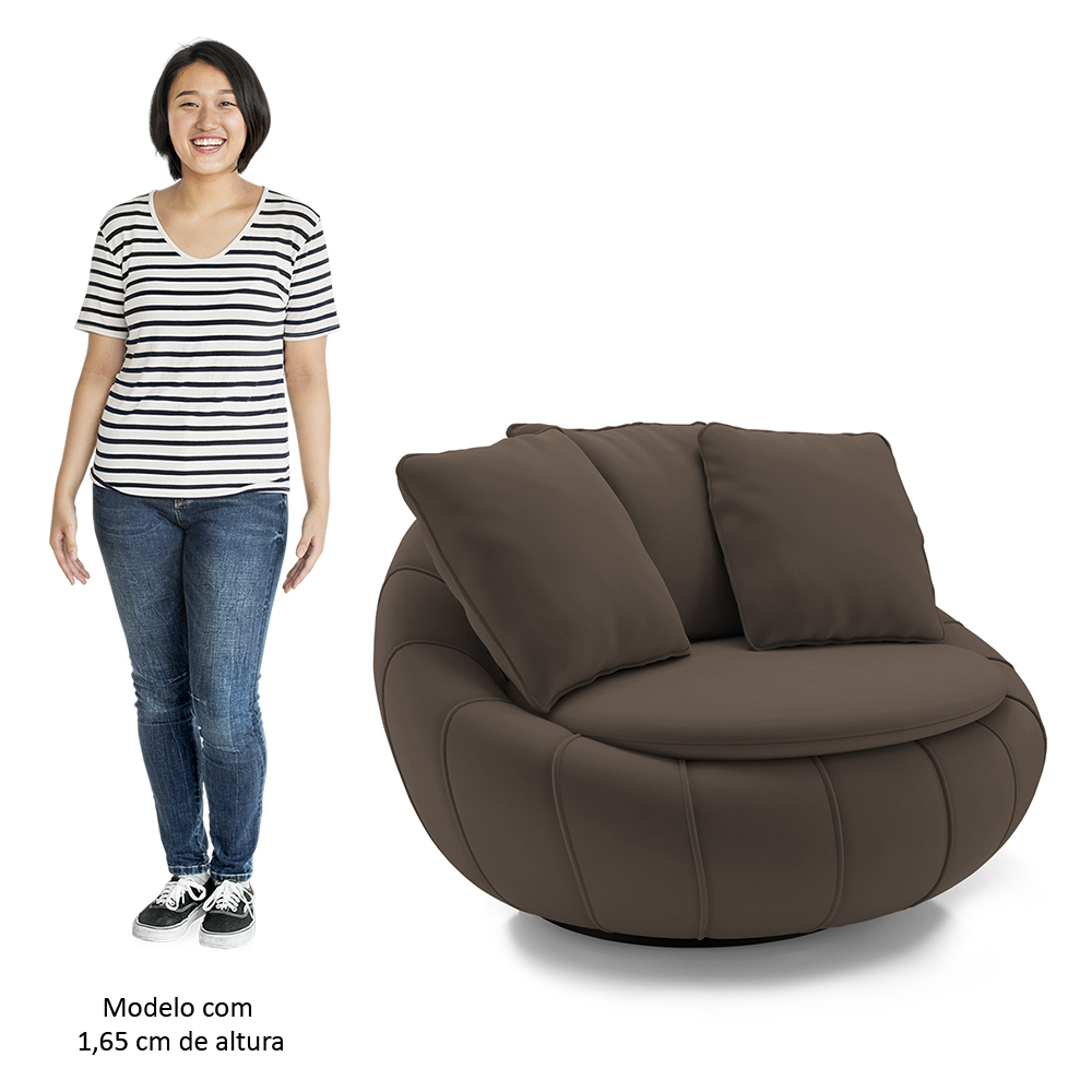 Poltrona Decorativa Redonda Giratória com Almofadas Saphire M22 Veludo Marrom - Mpozenato