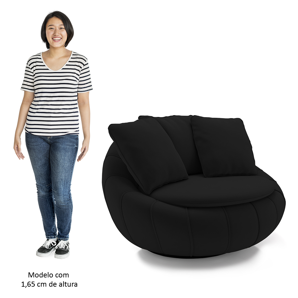 Poltrona Decorativa Redonda Giratória com Almofadas Saphire M22 Veludo Preto - Mpozenato