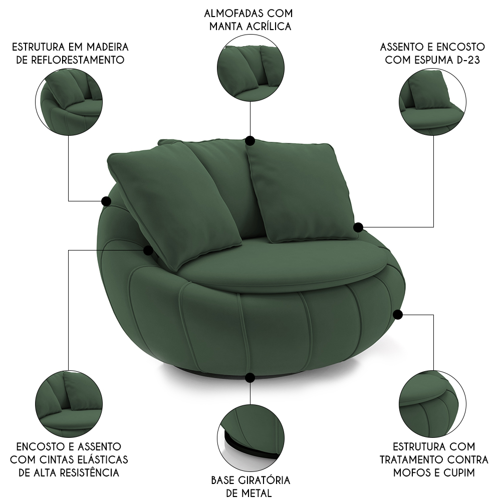 Poltrona Decorativa Redonda Giratória com Almofadas Saphire M22 Veludo Verde - Mpozenato