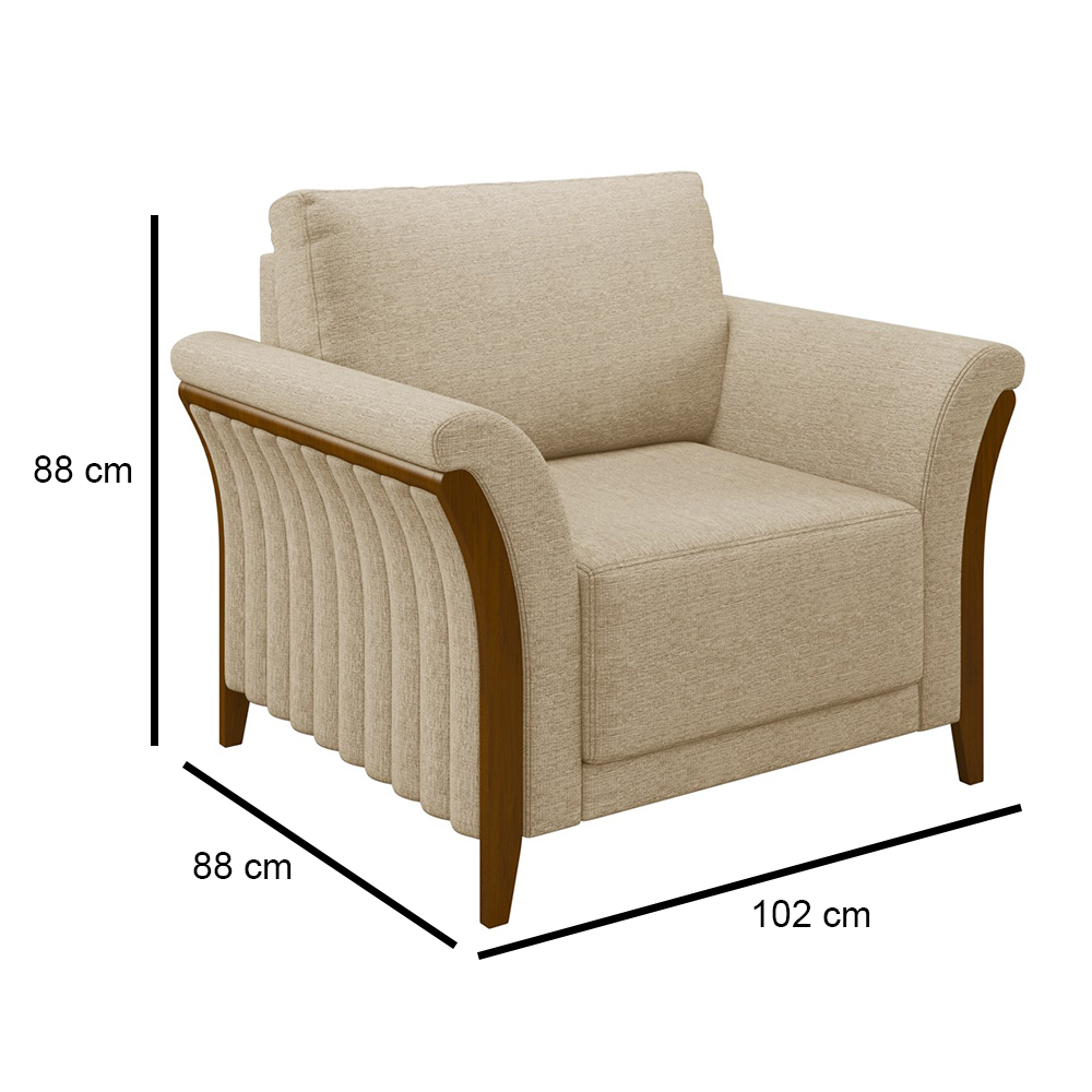Poltrona Decorativa Sala de Estar 102cm Pés Madeira Roya M22 Linho Bege - Mpozenato