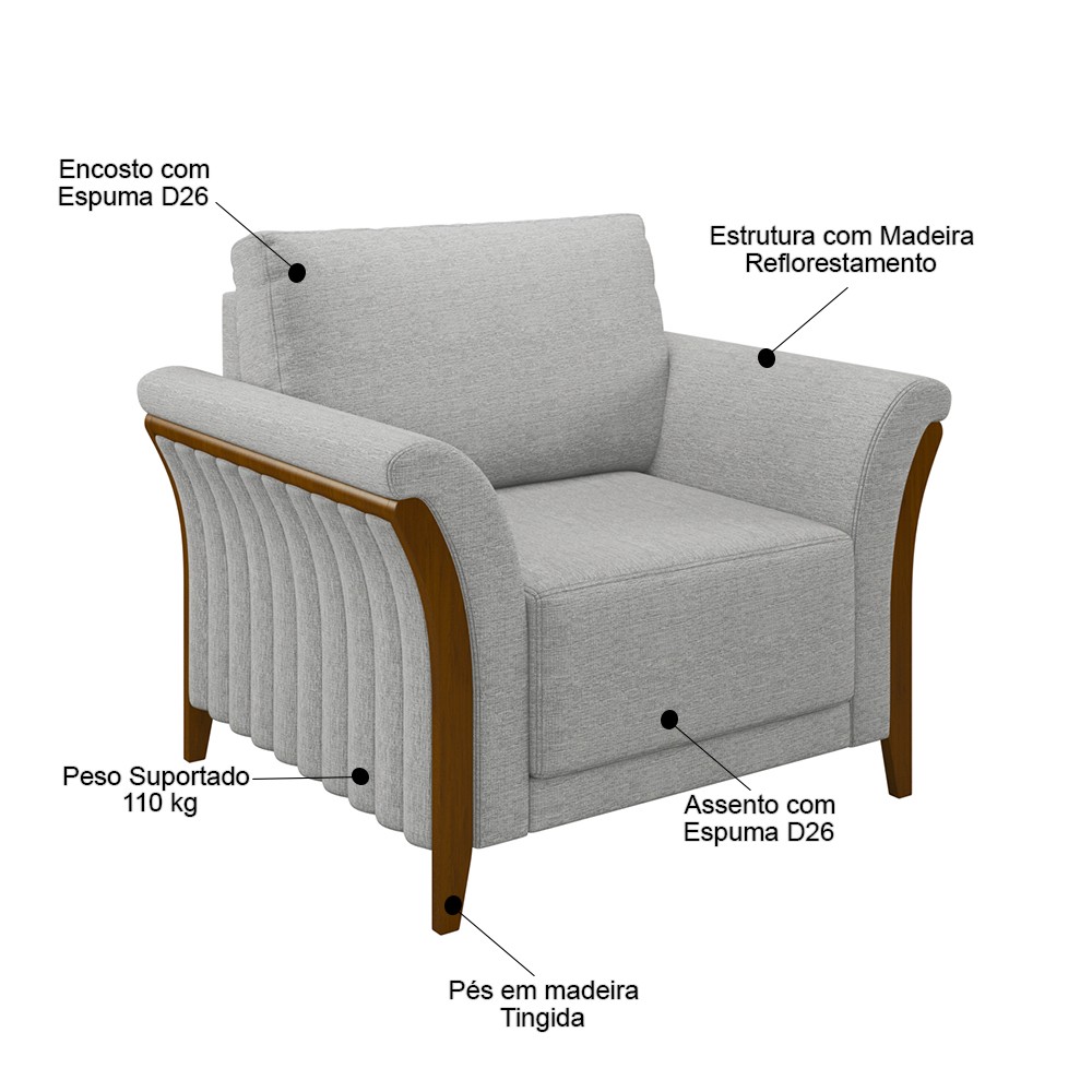 Poltrona Decorativa Sala de Estar 102cm Pés Madeira Roya M22 Linho Cinza - Mpozenato