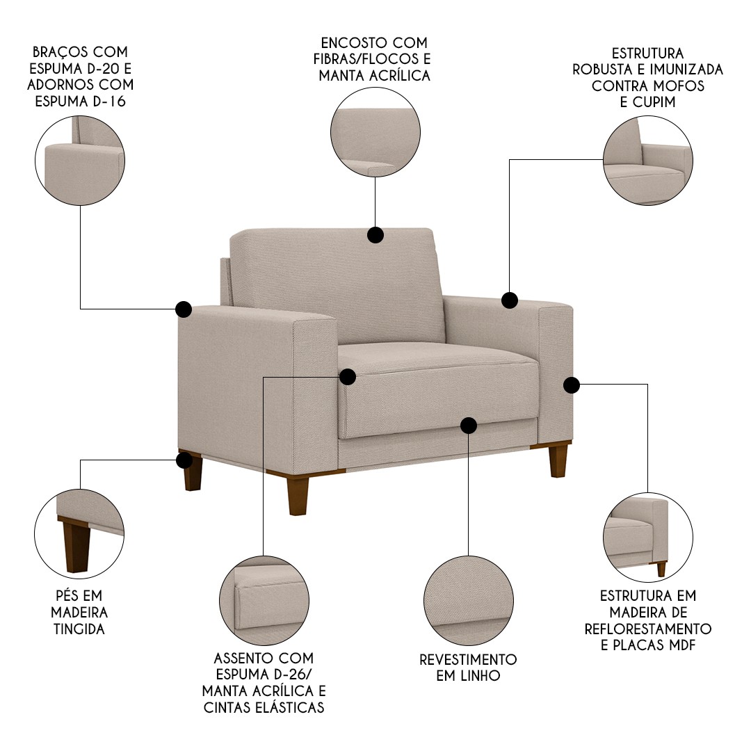 Poltrona Decorativa Sala de Estar Living Zaire M22 Linho Areia - Mpozenato