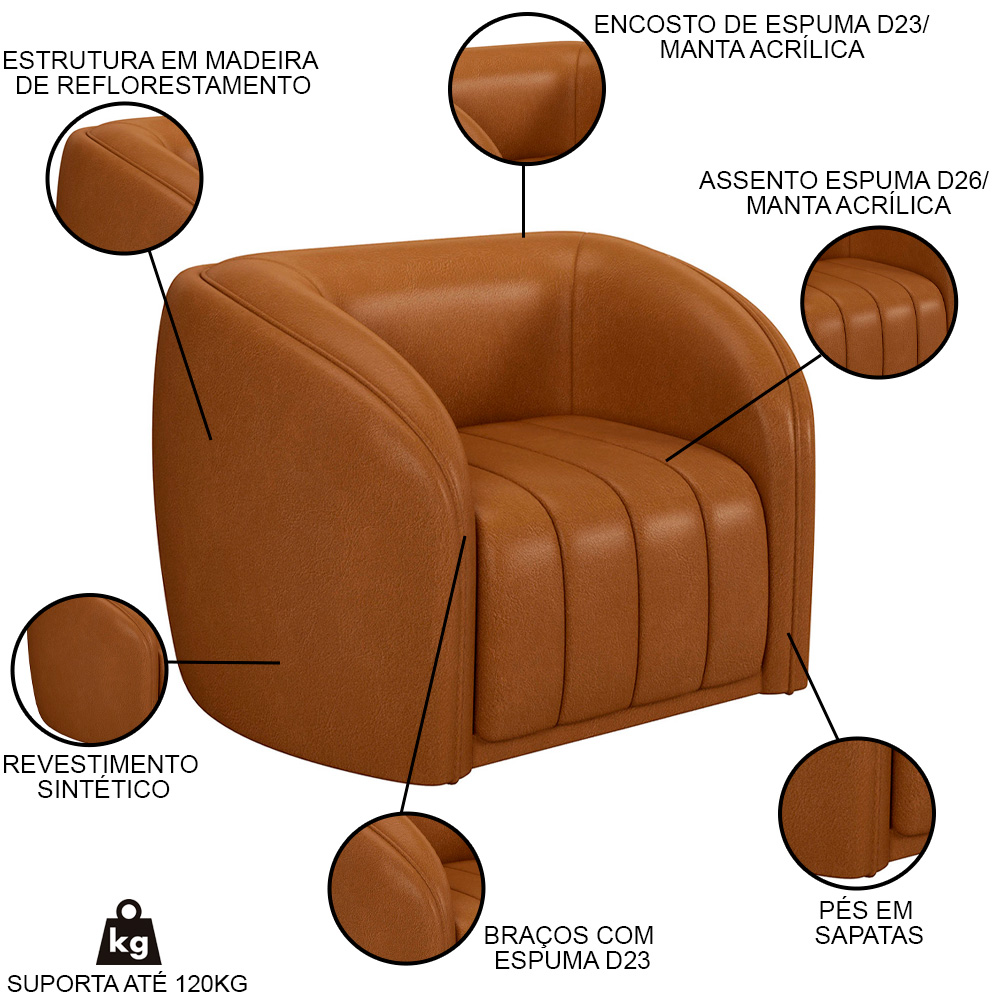 Poltrona Decorativa para Sala 112cm Meris M22 Sintético Caramelo - Mpozenato
