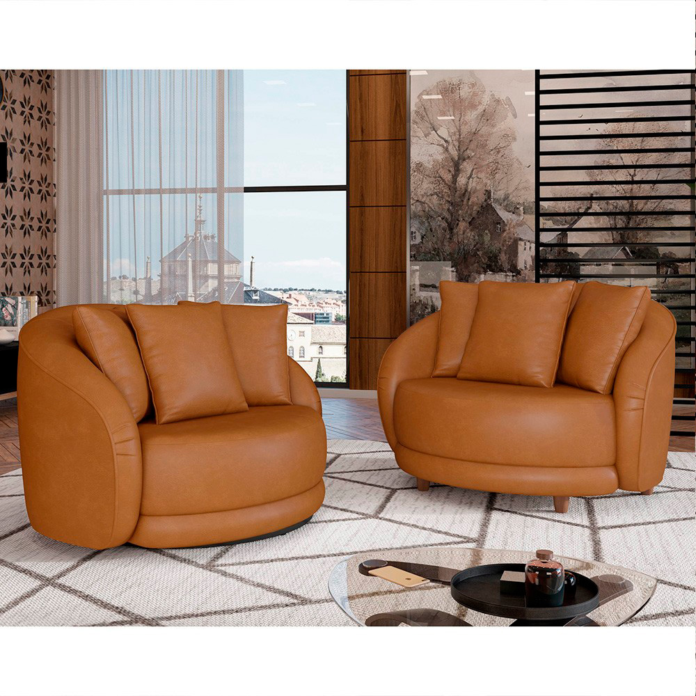 Poltrona Decorativa para Sala 122cm Pés Madeira Kaly M22 Sintético Caramelo - Mpozenato