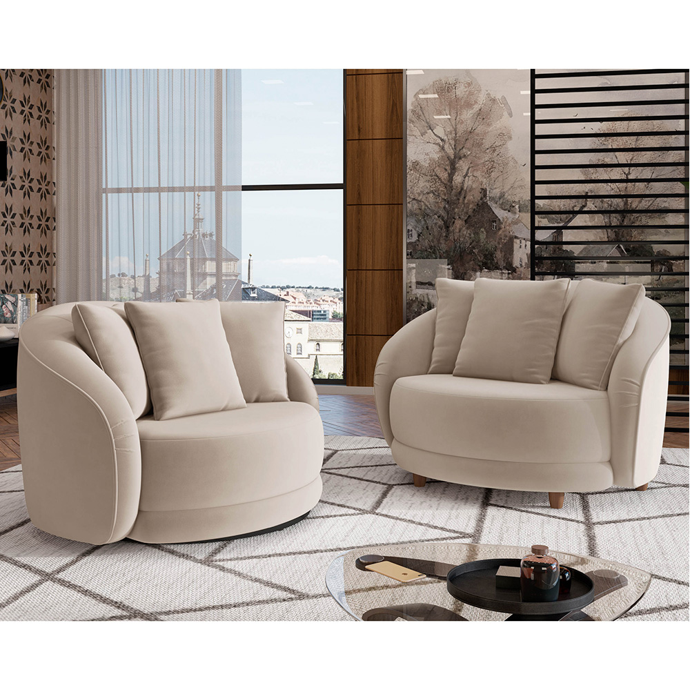 Poltrona Decorativa para Sala 122cm Pés Madeira Kaly M22 Veludo Bege - Mpozenato