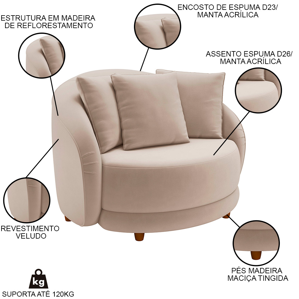 Poltrona Decorativa para Sala 122cm Pés Madeira Kaly M22 Veludo Bege - Mpozenato