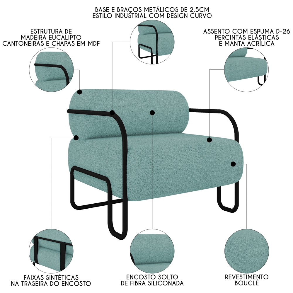 Poltrona Decorativa para Sala Industrial Kira Z08 Boucle Azul - Mpozenato