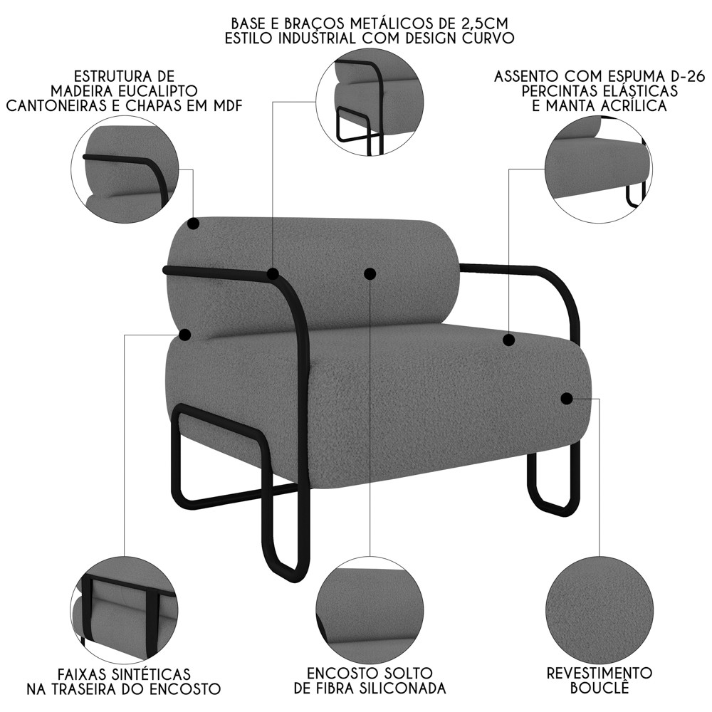 Poltrona Decorativa para Sala Industrial Kira Z08 Boucle Cinza - Mpozenato