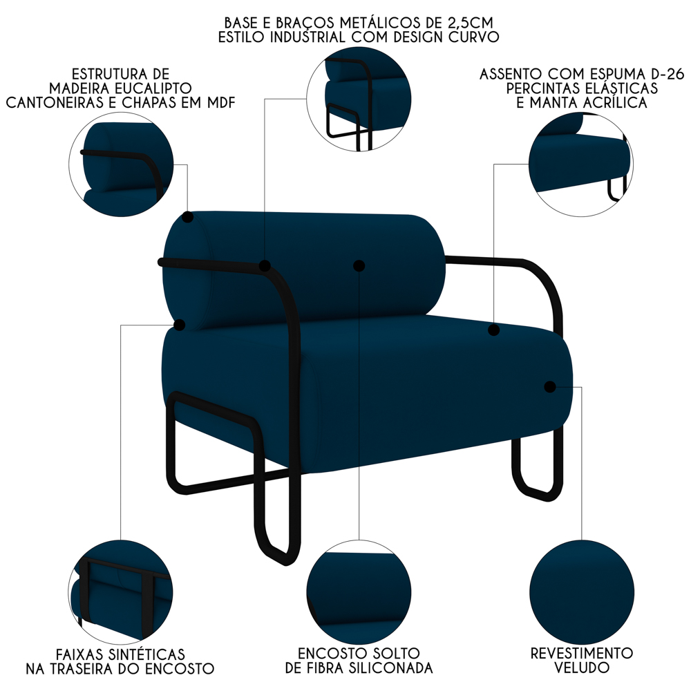Poltrona Decorativa para Sala Industrial Kira Z08 Veludo Azul - Mpozenato