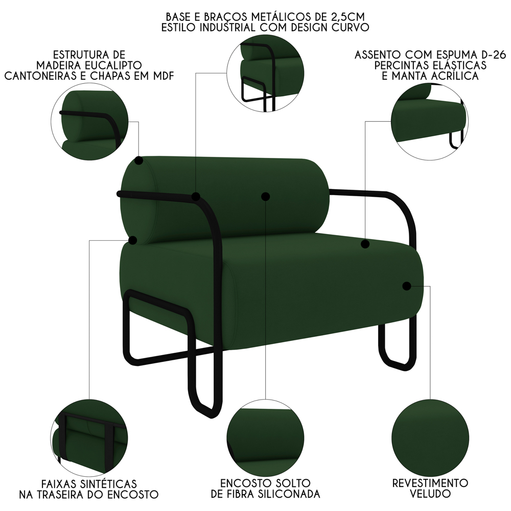 Poltrona Decorativa para Sala Industrial Kira Z08 Veludo Verde Musgo - Mpozenato