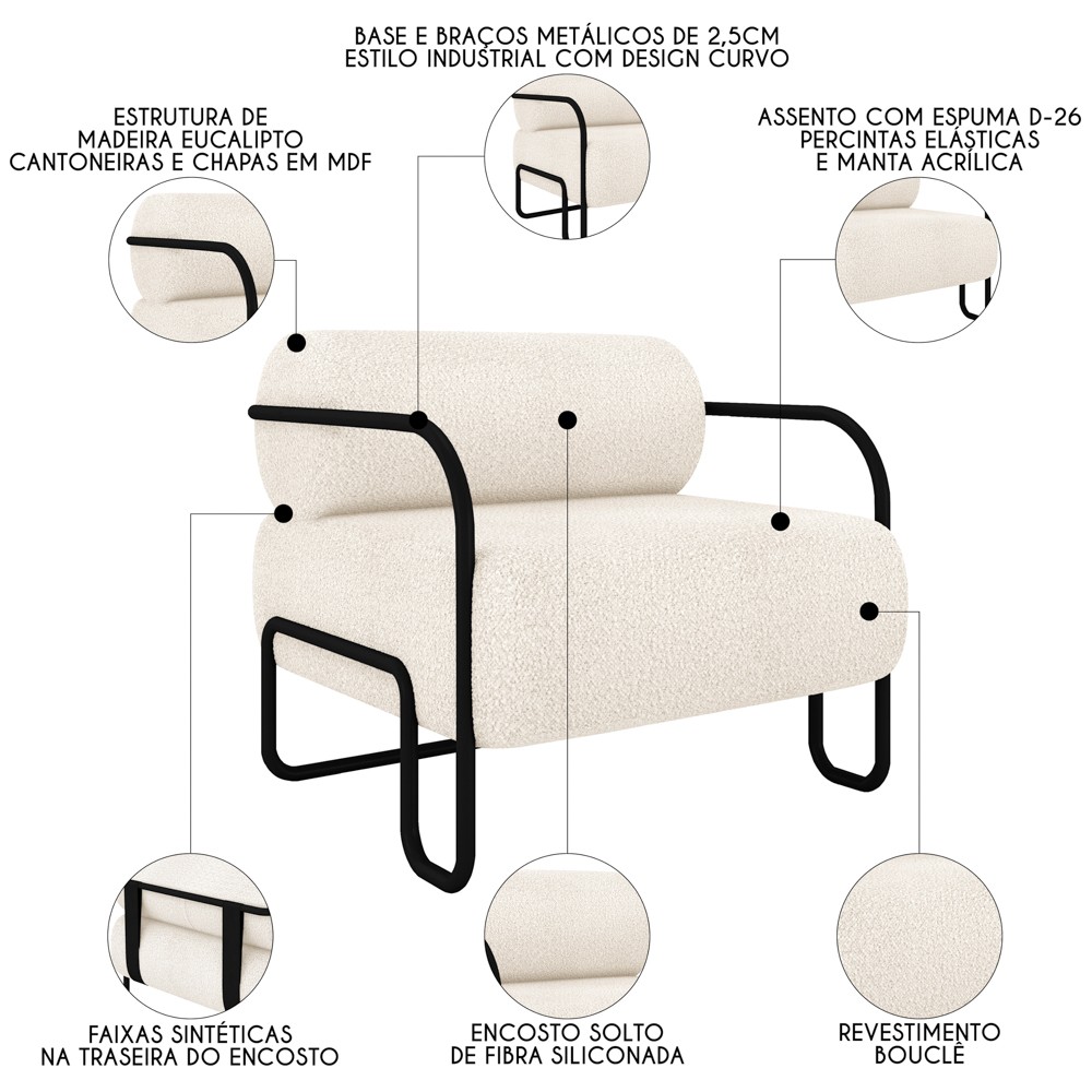 Poltrona Decorativa para Sala Industrial Kit 2 Kira Z08 Boucle Bege - Mpozenato