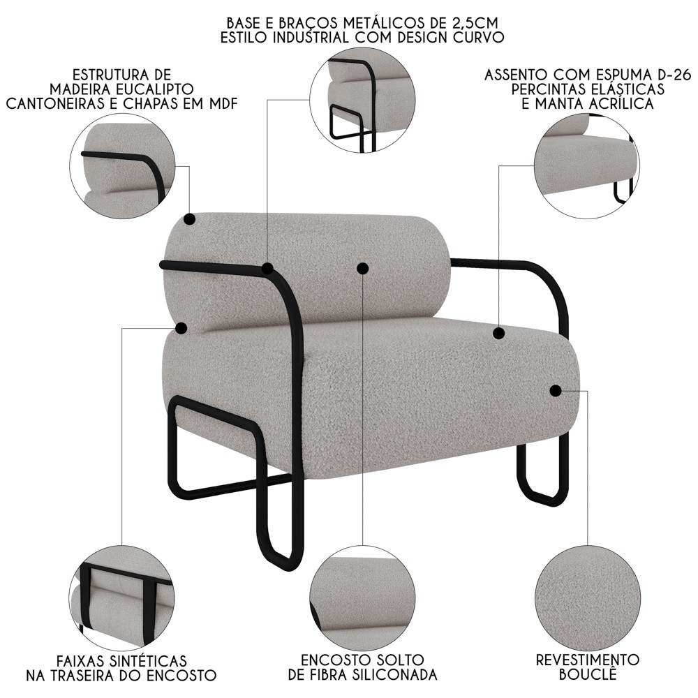 Poltrona Decorativa para Sala Industrial Kit 2 Kira Z08 Boucle Creme - Mpozenato