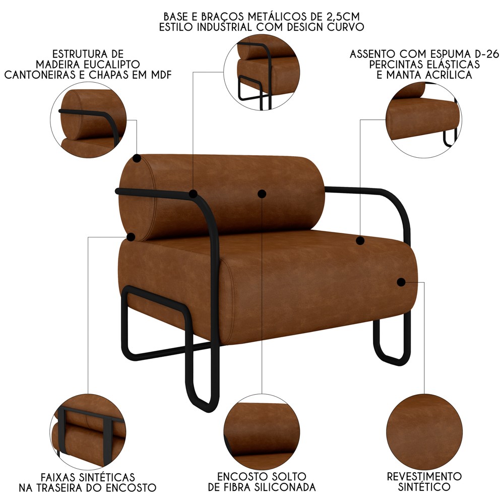 Poltrona Decorativa para Sala Industrial Kit 2 Kira Z08 Sintético Marrom - Mpozenato