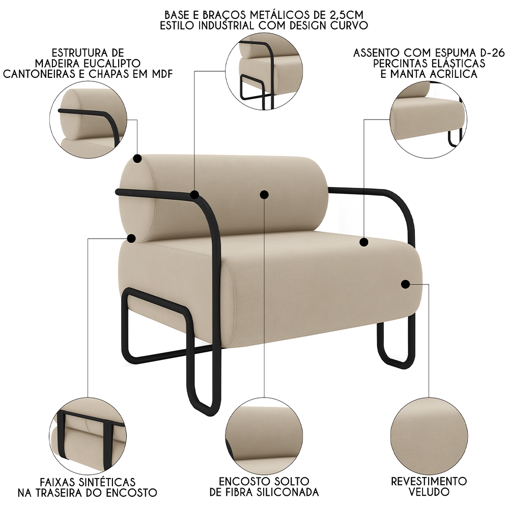 Poltrona Decorativa para Sala Industrial Kit 2 Kira Z08 Veludo Bege - Mpozenato