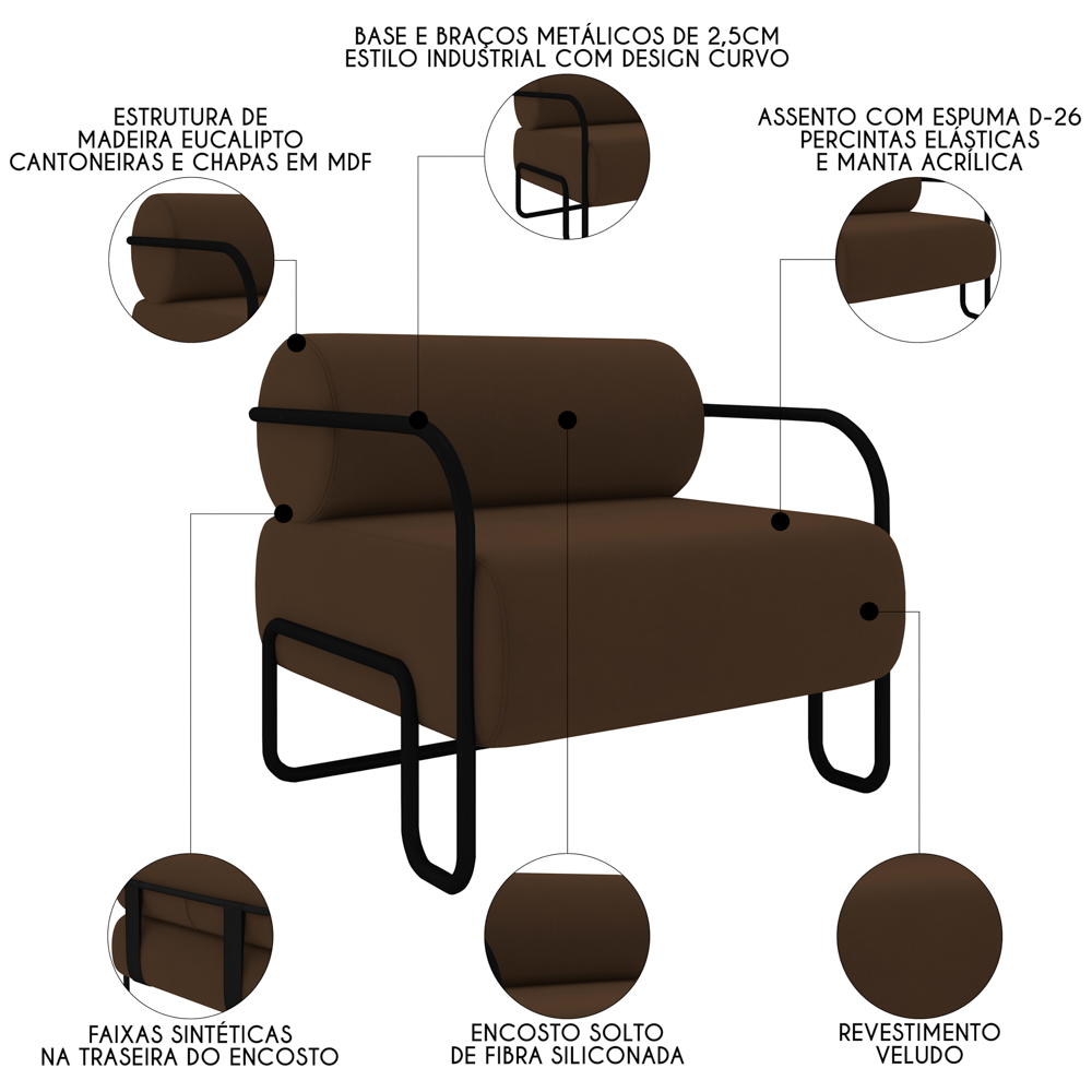 Poltrona Decorativa para Sala Industrial Kit 2 Kira Z08 Veludo Marrom - Mpozenato