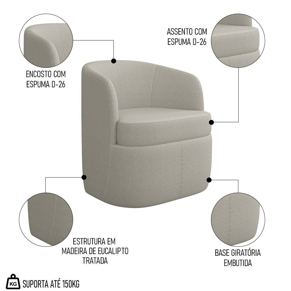 Poltrona Giratória Decorativa para Sala Dandara Z08 Boucle Bege - Mpozenato