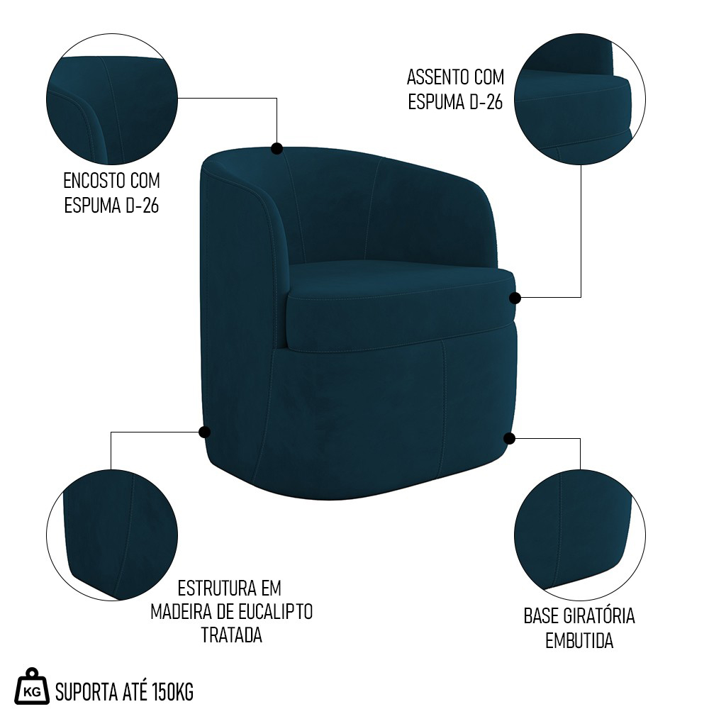 Poltrona Giratória Decorativa para Sala Dandara Z08 Veludo Azul - Mpozenato