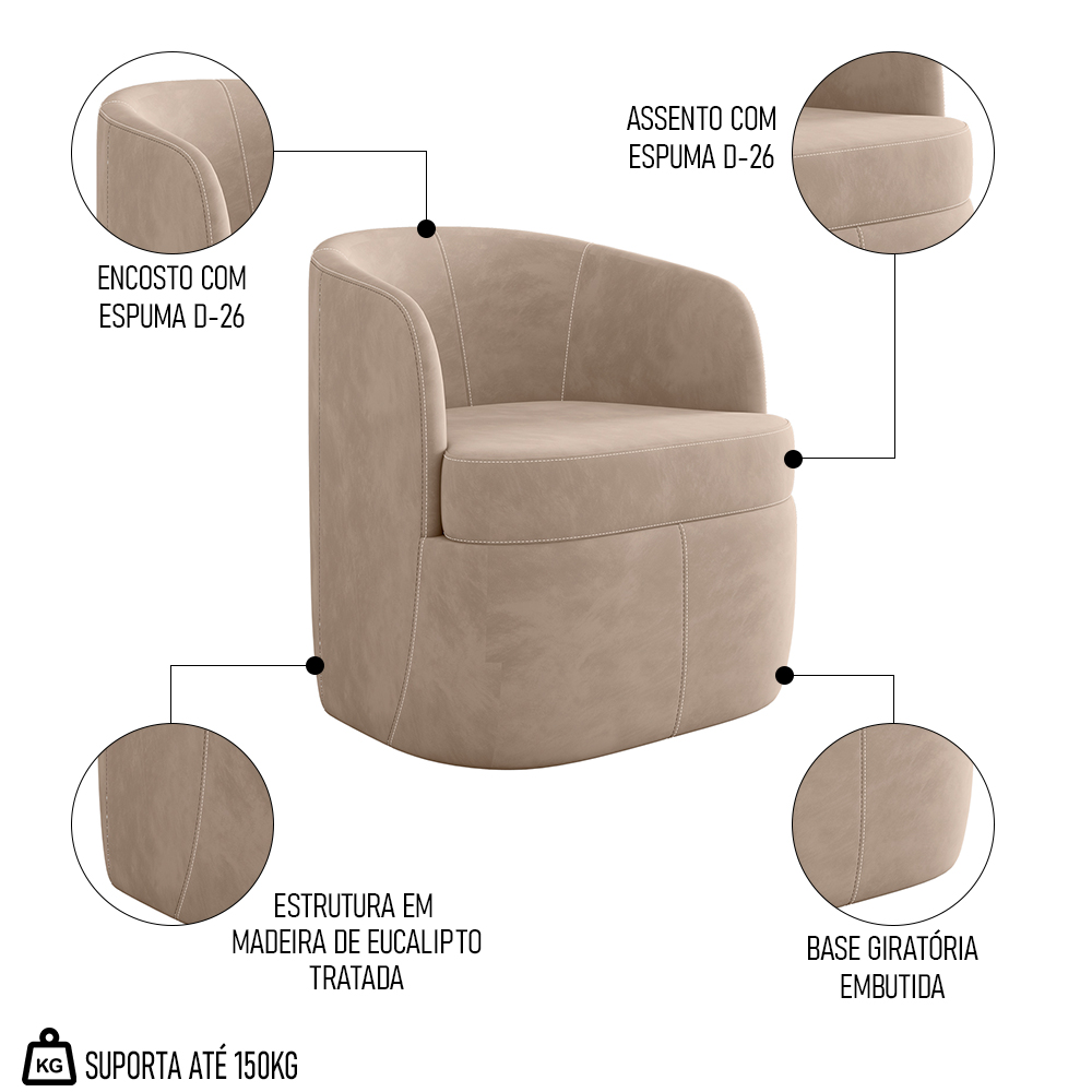 Poltrona Giratória Decorativa para Sala Dandara Z08 Veludo Bege - Mpozenato