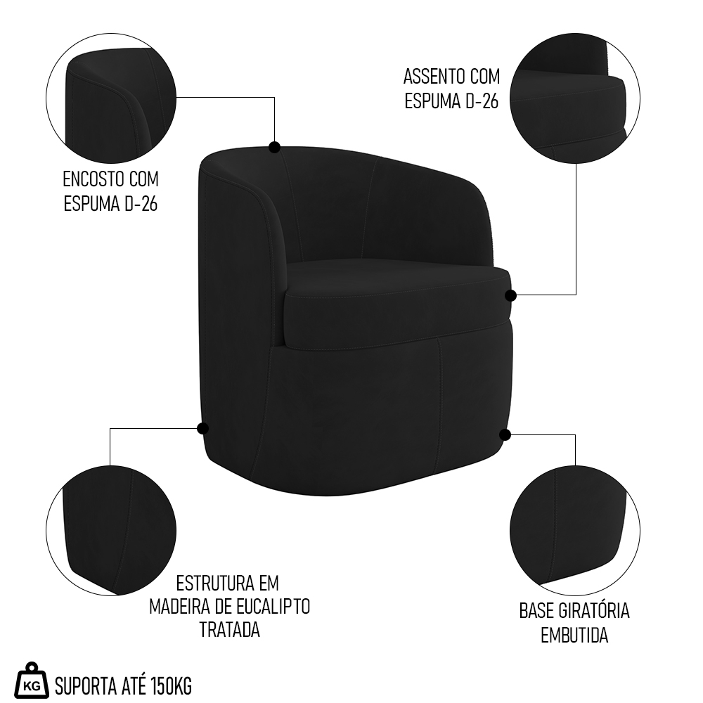 Poltrona Giratória Decorativa para Sala Dandara Z08 Veludo Preto - Mpozenato