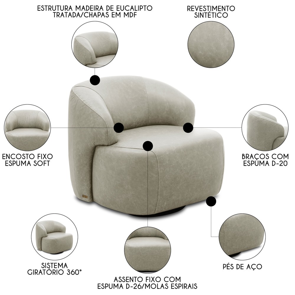 Poltrona Giratória Living Orgânica Donk L08 Sintético Gelo   - Mpozenato