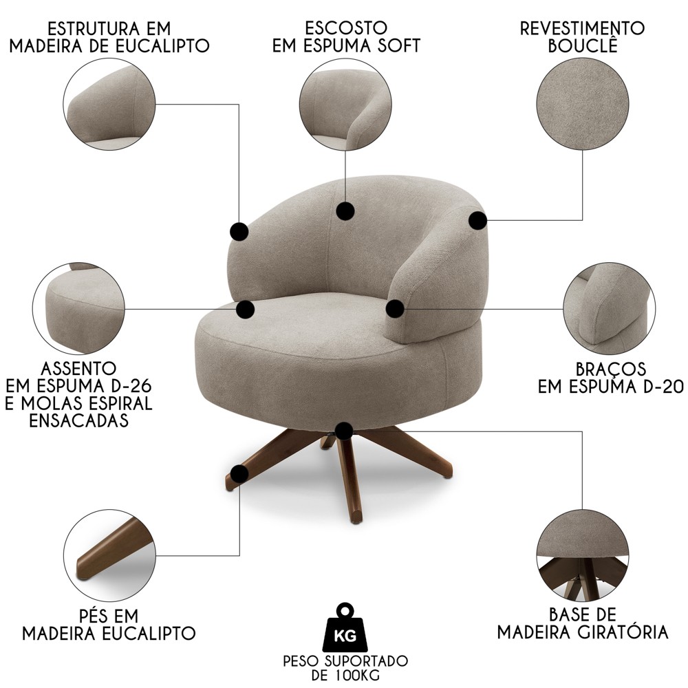 Poltrona Para Sala Base Madeira Giratória Litta F05 Boucle Marrom - Mpozenato