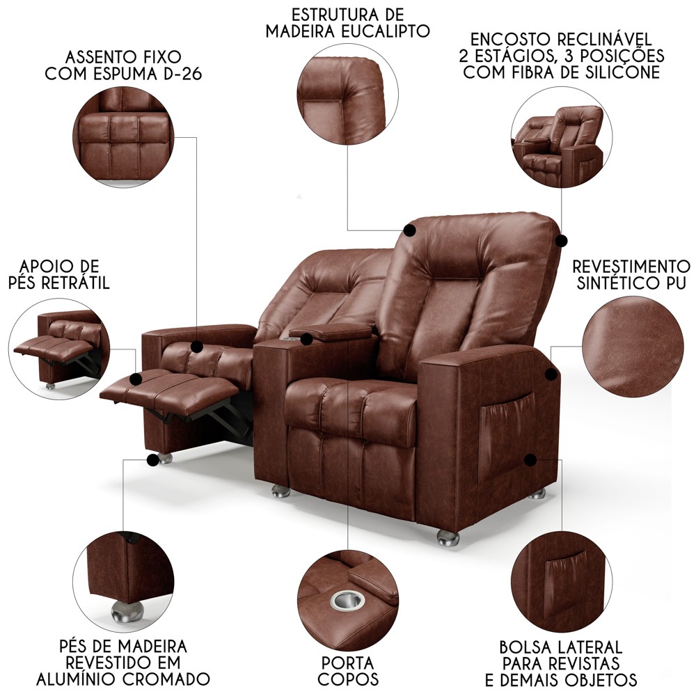 Poltrona Reclinável Para Cinema 2 Lugares Praddo FH9 PU Marrom Brilho - Mpozenato