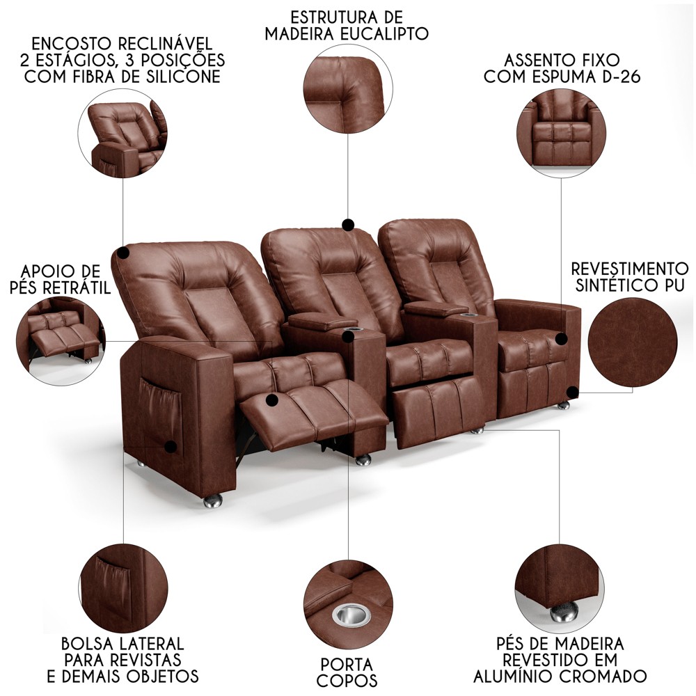 Poltrona Reclinável Para Cinema 3 Lugares Praddo FH9 PU Marrom Brilho - Mpozenato
