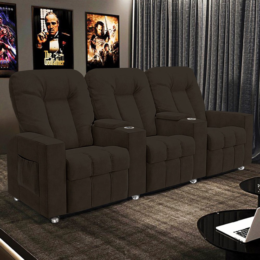 Poltrona Reclinável Para Cinema 3 Lugares Praddo FH9 Veludo Marrom - Mpozenato