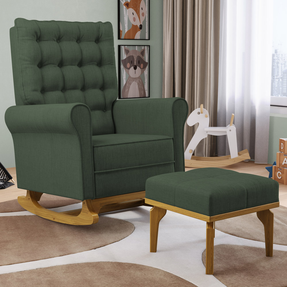 Poltrona de Amamentação Balanço e Puff Base de Madeira Brenda G05 Linho Verde - Mpozenato