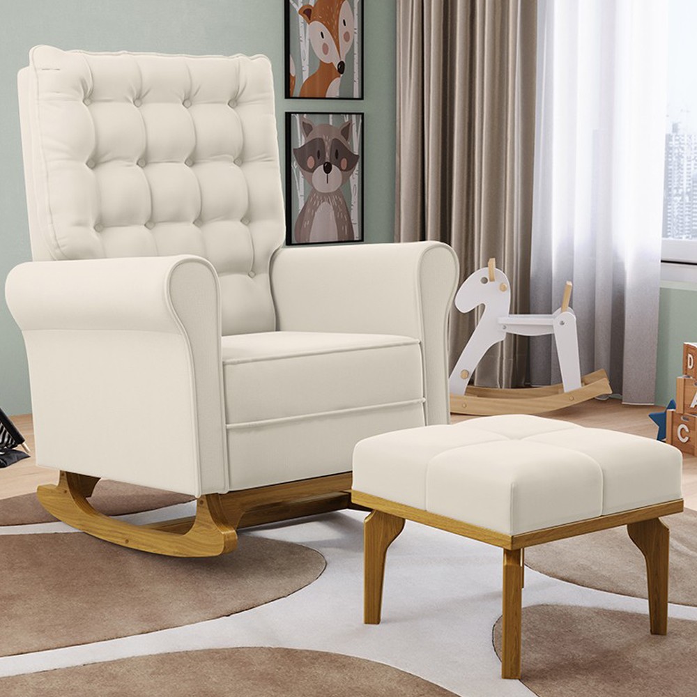 Poltrona de Amamentação Balanço e Puff Base de Madeira Brenda G05 Veludo Creme - Mpozenato