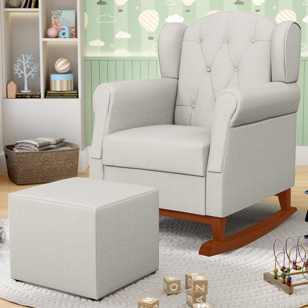 Poltrona de Amamentação Base de Madeira Balanço e Puff Lucy P04 Linho Off White - Mpozenato
