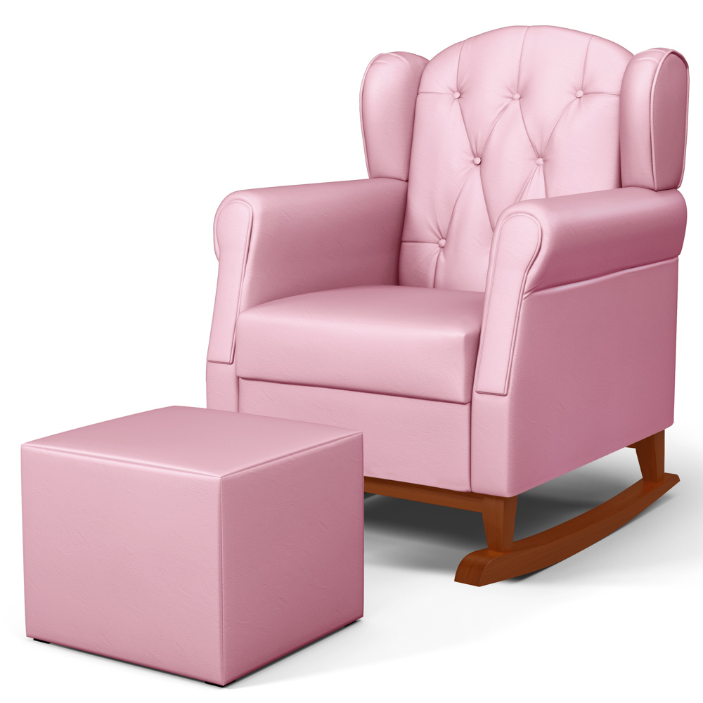 Poltrona de Amamentação Base de Madeira Balanço e Puff Lucy P04 Sintético Rosa - Mpozenato