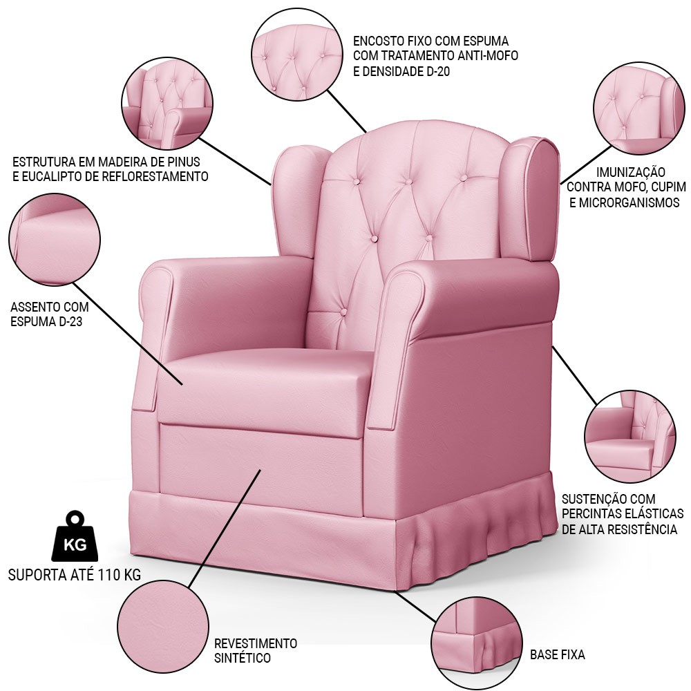 Poltrona de Amamentação e Descanso Fixa Lucy P04 Sintético Rosa - Mpozenato