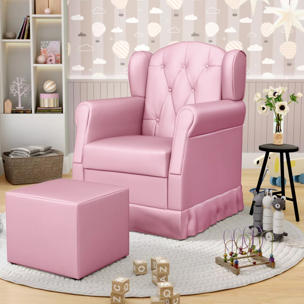 Poltrona de Amamentação e Descanso Fixa com Puff Lucy P04 Sintético Rosa - Mpozenato