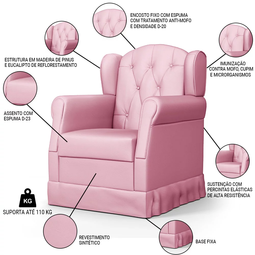 Poltrona de Amamentação e Descanso Fixa com Puff Lucy P04 Sintético Rosa - Mpozenato