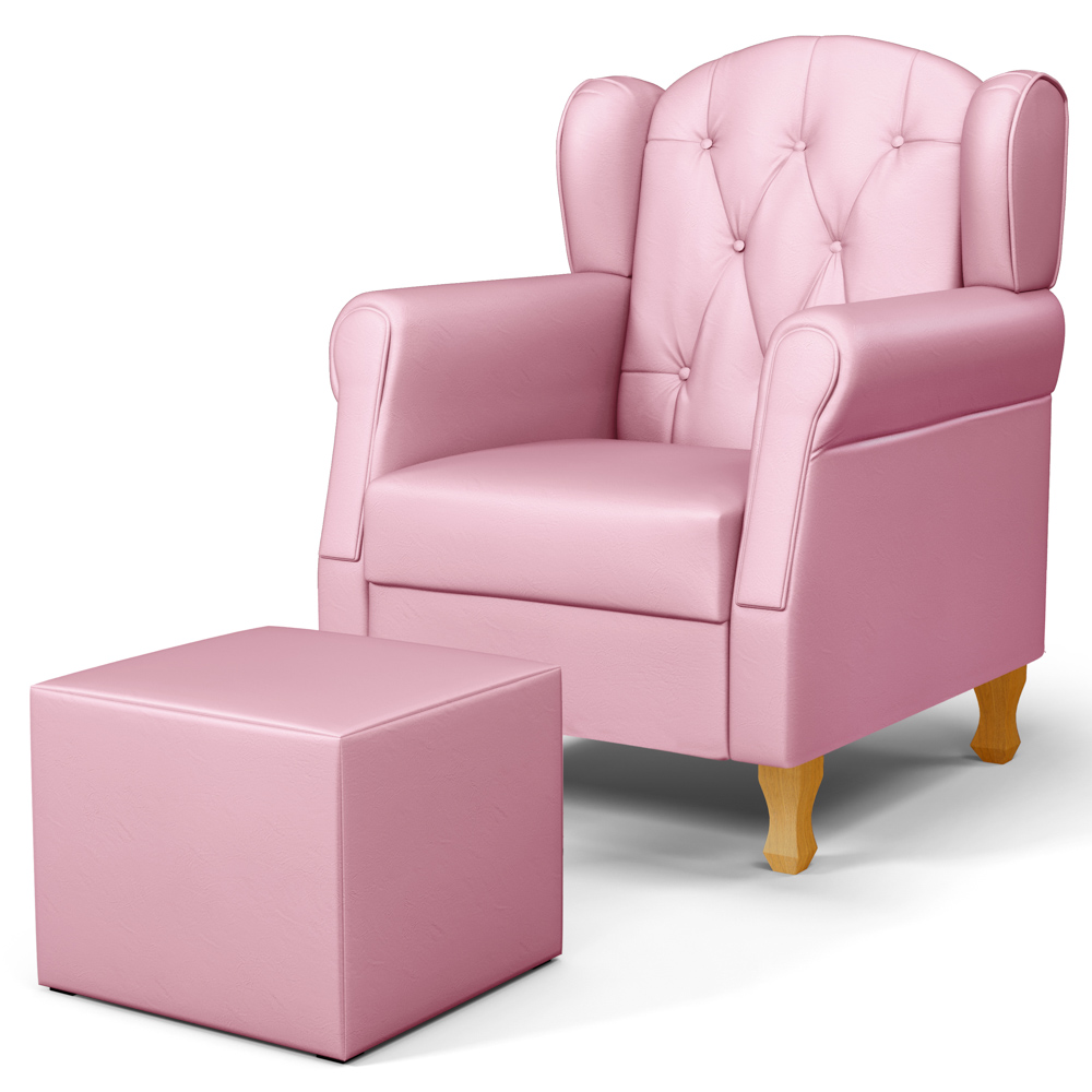 Poltrona de Amamentação e Descanso Pés de Madeira e Puff Lucy P04 Sintético Rosa - Mpozenato