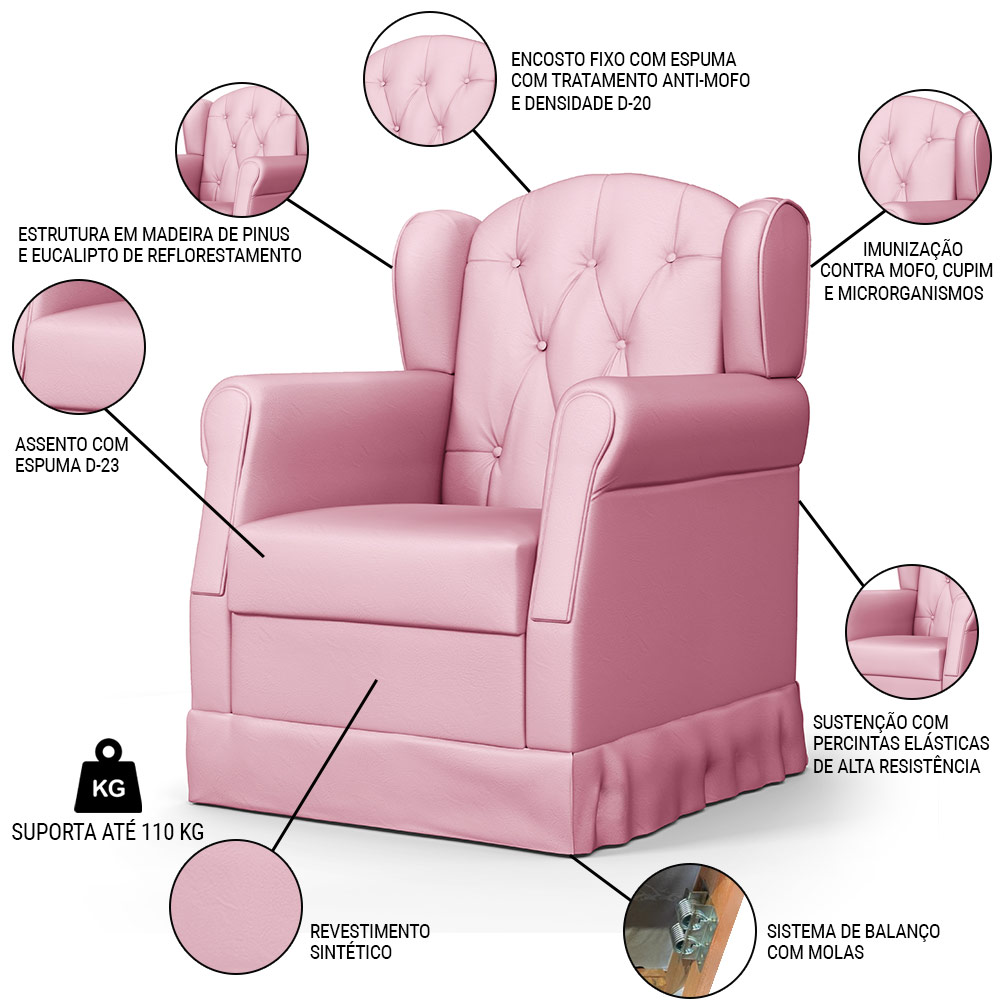 Poltrona de Amamentação e Descanso com Balanço e Puff Lucy P04 Sintético Rosa - Mpozenato