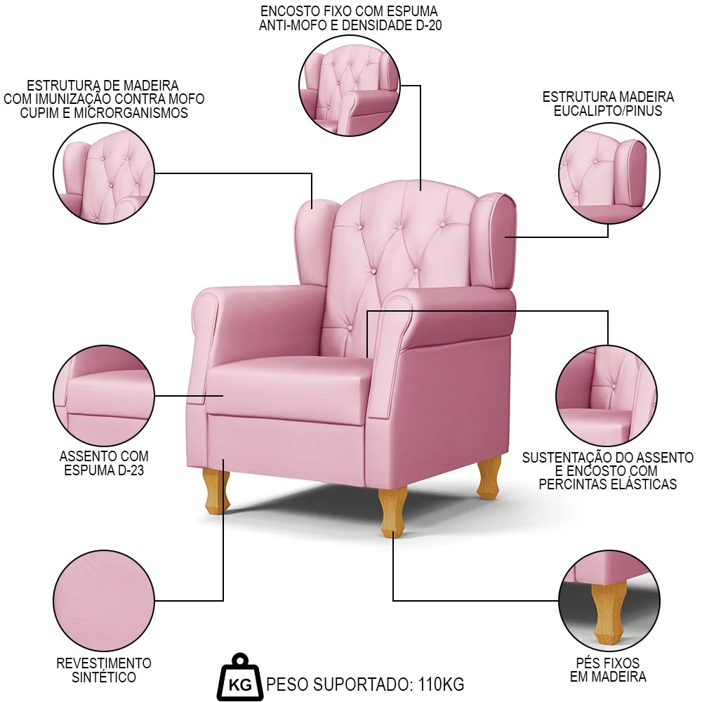 Poltrona de Amamentação e Descanso com Pés de Madeira Lucy P04 Sintético Rosa - Mpozenato