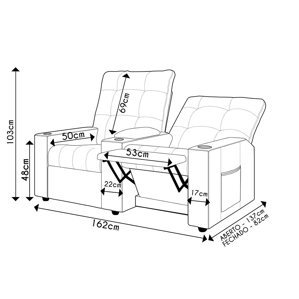 Poltrona de Cinema Reclinável 2 Lugares Baú USB Mallie FH9 Linho Bege - Mpozenato