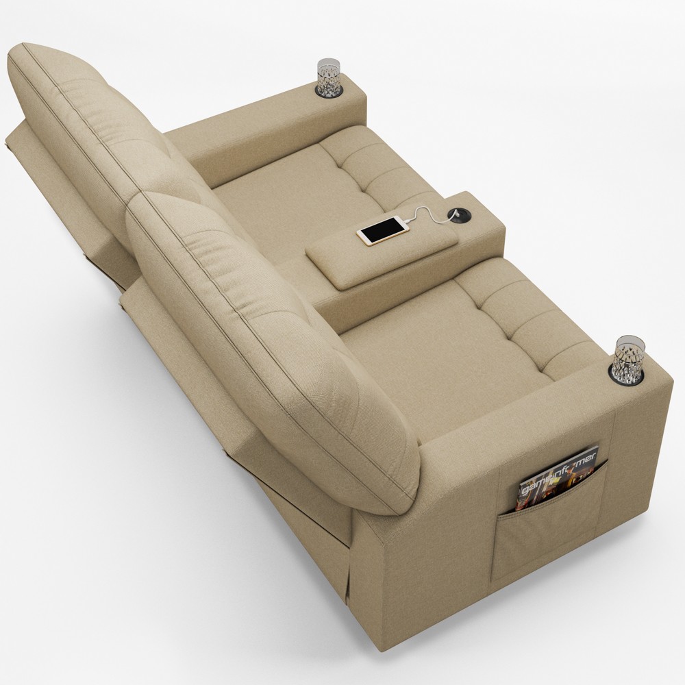 Poltrona de Cinema Reclinável 2 Lugares Baú USB Mallie FH9 Linho Bege - Mpozenato