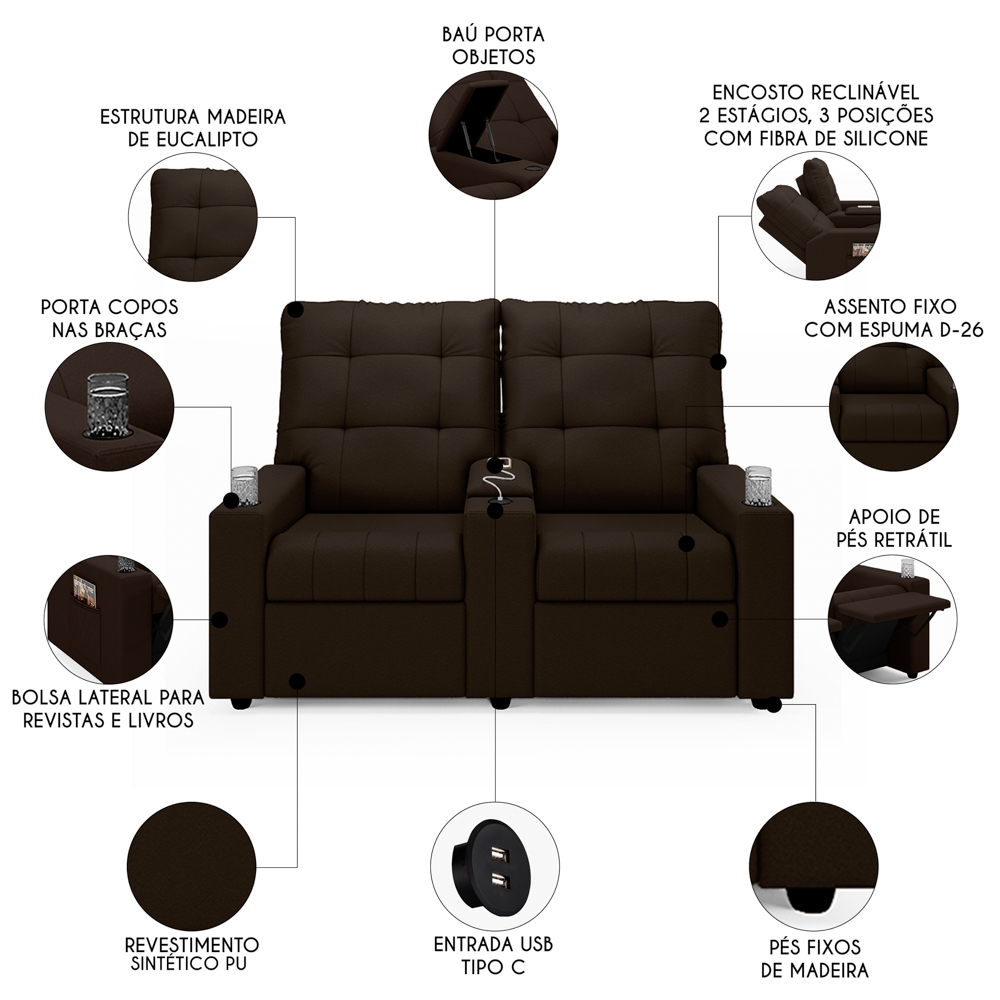 Poltrona de Cinema Reclinável 2 Lugares Baú USB Mallie FH9 PU Marrom - Mpozenato