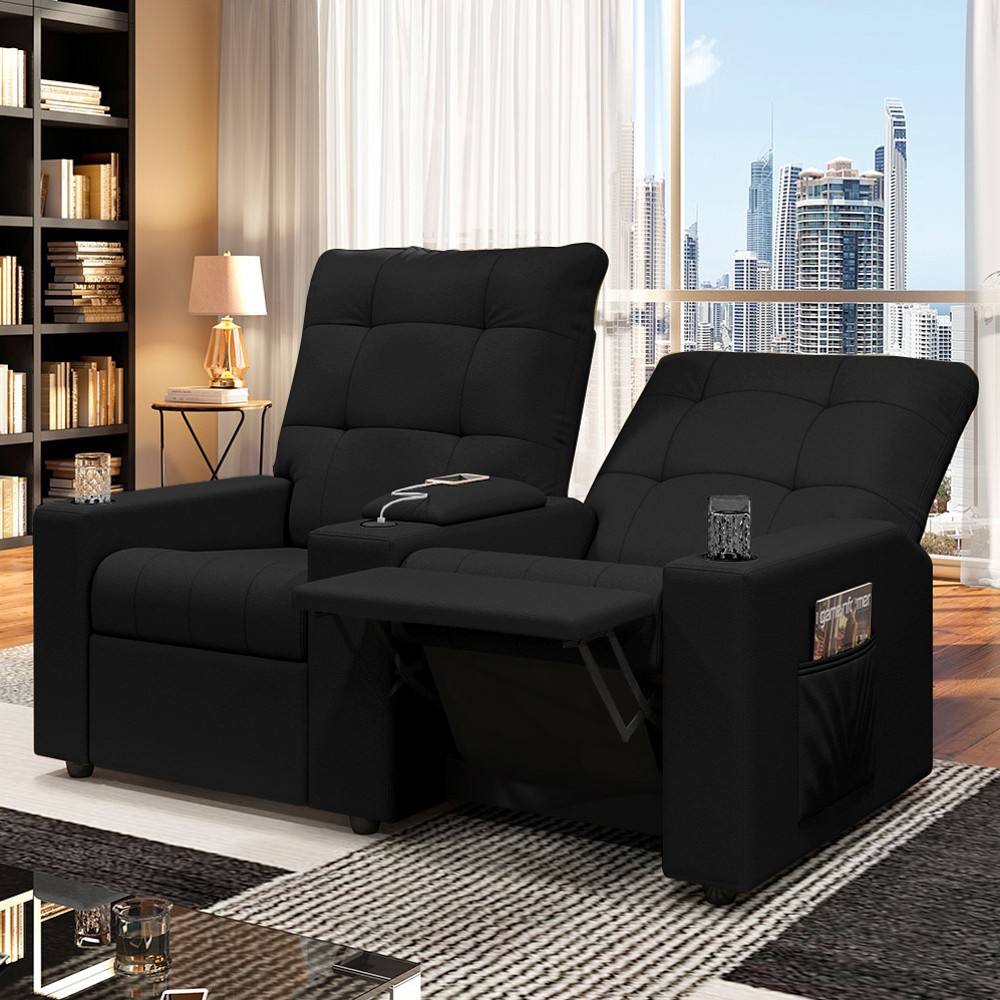 Poltrona de Cinema Reclinável 2 Lugares Baú USB Mallie FH9 PU Preto - Mpozenato