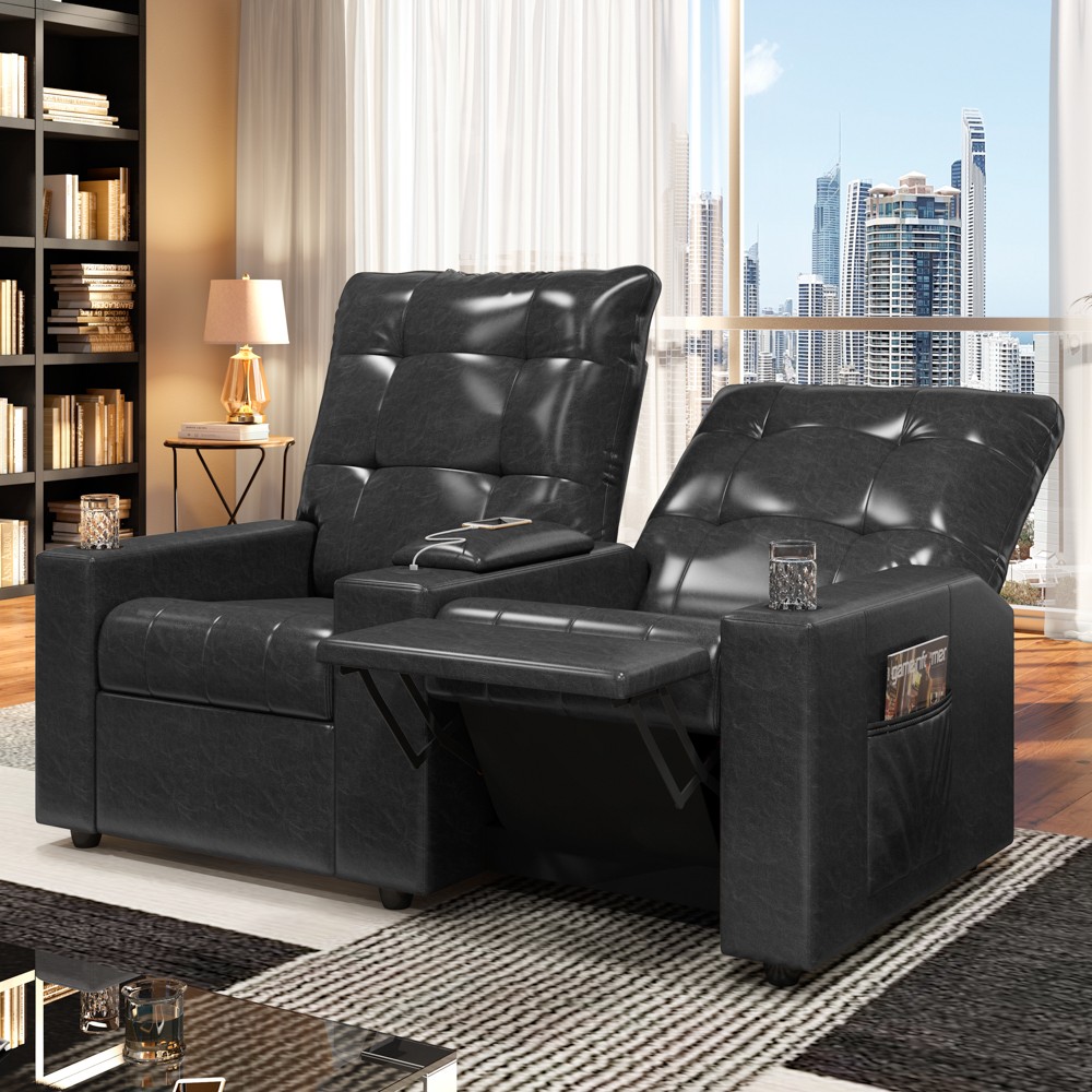 Poltrona de Cinema Reclinável 2 Lugares Baú USB Mallie FH9 PU Preto Brilho - Mpozenato