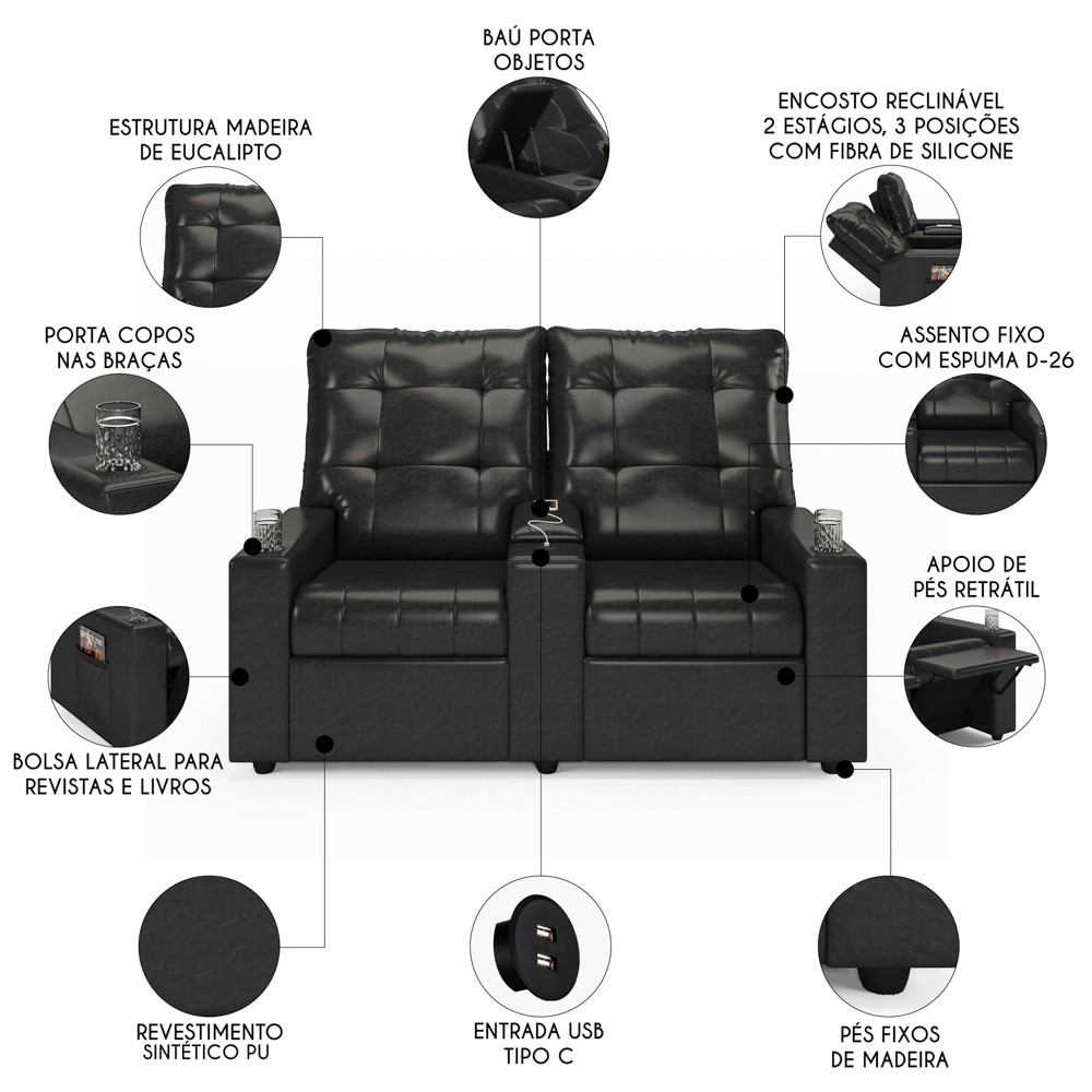 Poltrona de Cinema Reclinável 2 Lugares Baú USB Mallie FH9 PU Preto Brilho - Mpozenato