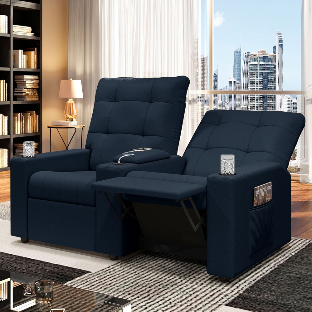 Poltrona de Cinema Reclinável 2 Lugares Baú USB Mallie FH9 Veludo Azul - Mpozenato