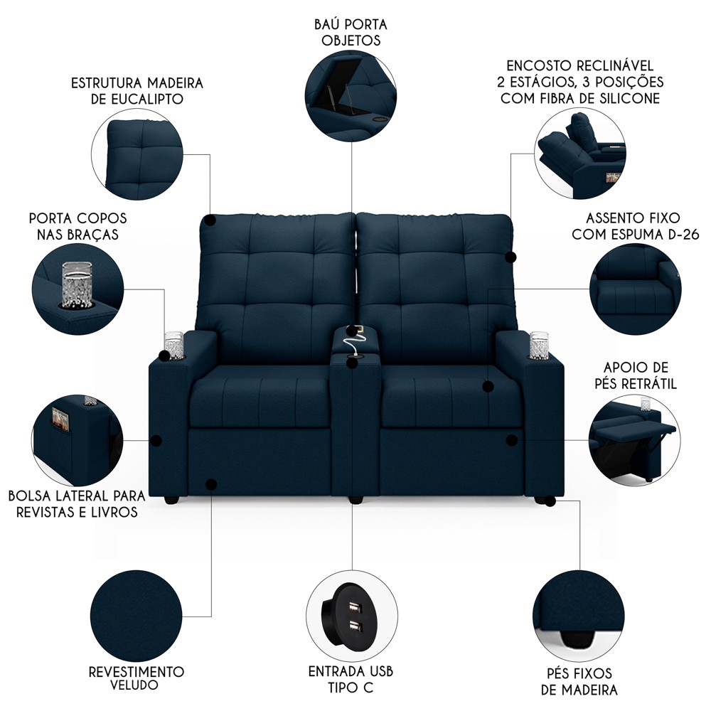 Poltrona de Cinema Reclinável 2 Lugares Baú USB Mallie FH9 Veludo Azul - Mpozenato