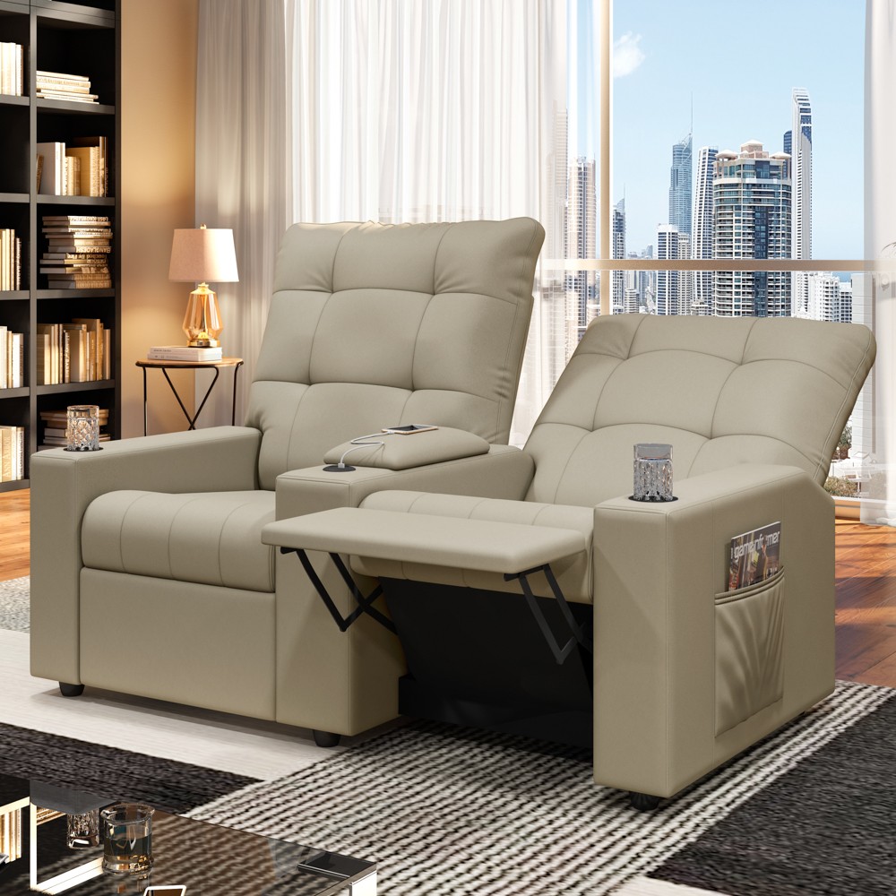 Poltrona de Cinema Reclinável 2 Lugares Baú USB Mallie FH9 Veludo Bege - Mpozenato