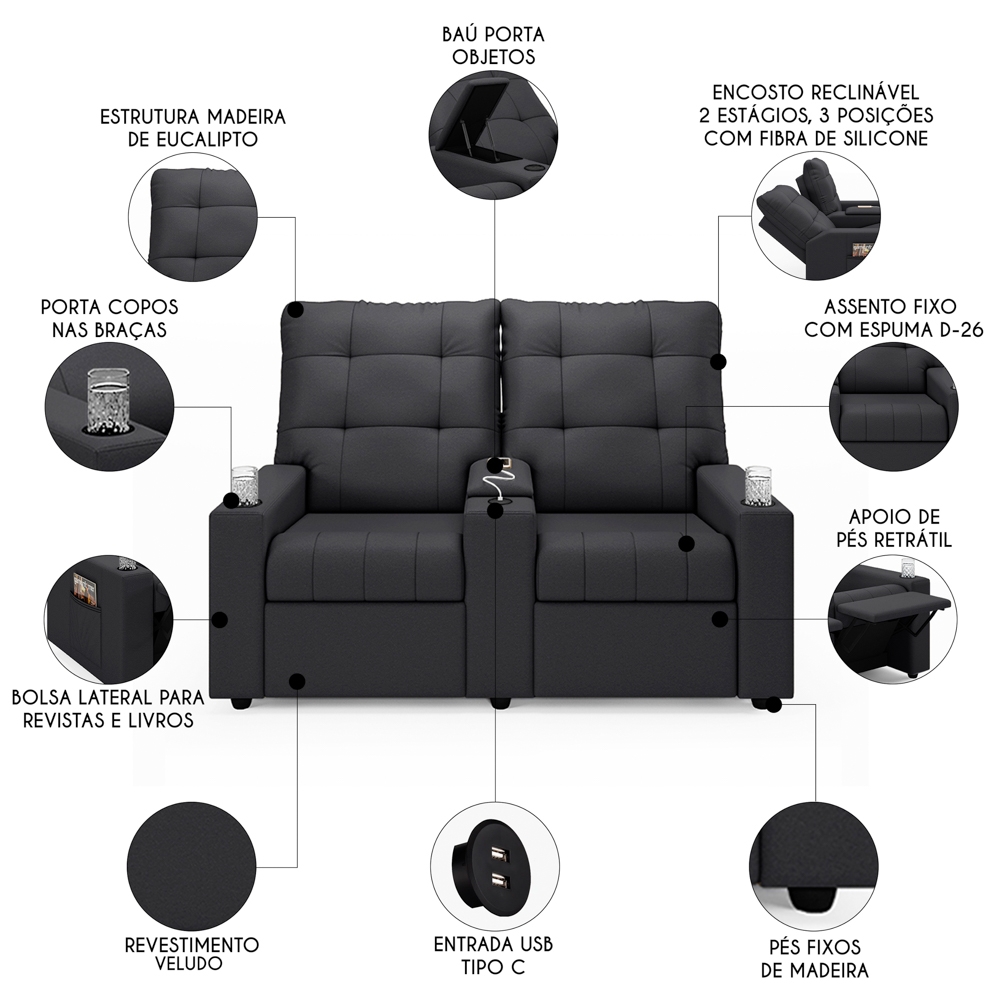 Poltrona de Cinema Reclinável 2 Lugares Baú USB Mallie FH9 Veludo Cinza - Mpozenato