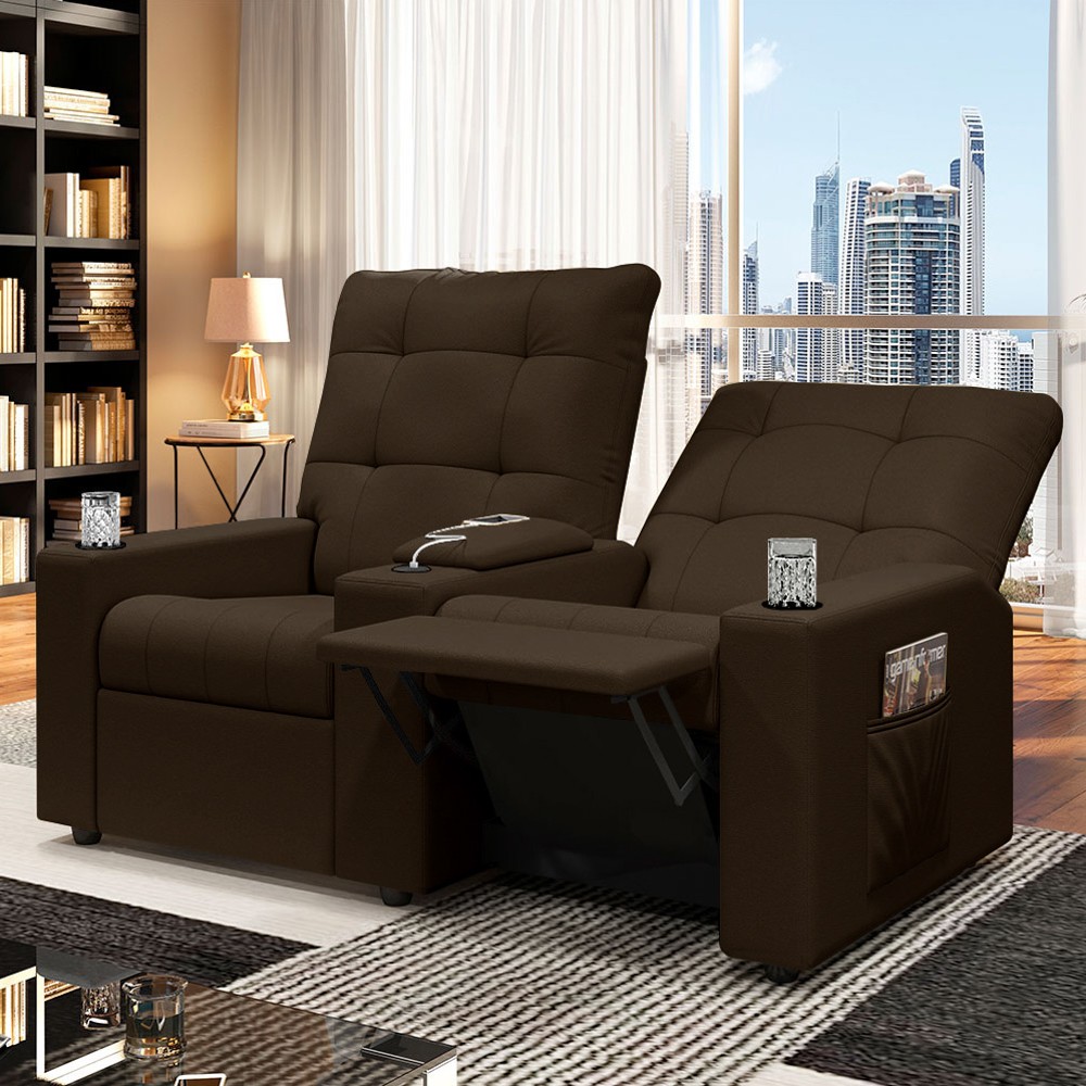 Poltrona de Cinema Reclinável 2 Lugares Baú USB Mallie FH9 Veludo Marrom - Mpozenato